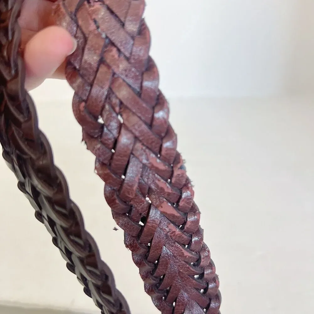 Vintage Brown Leather Braided Belt Silver Statement Buckle Size M